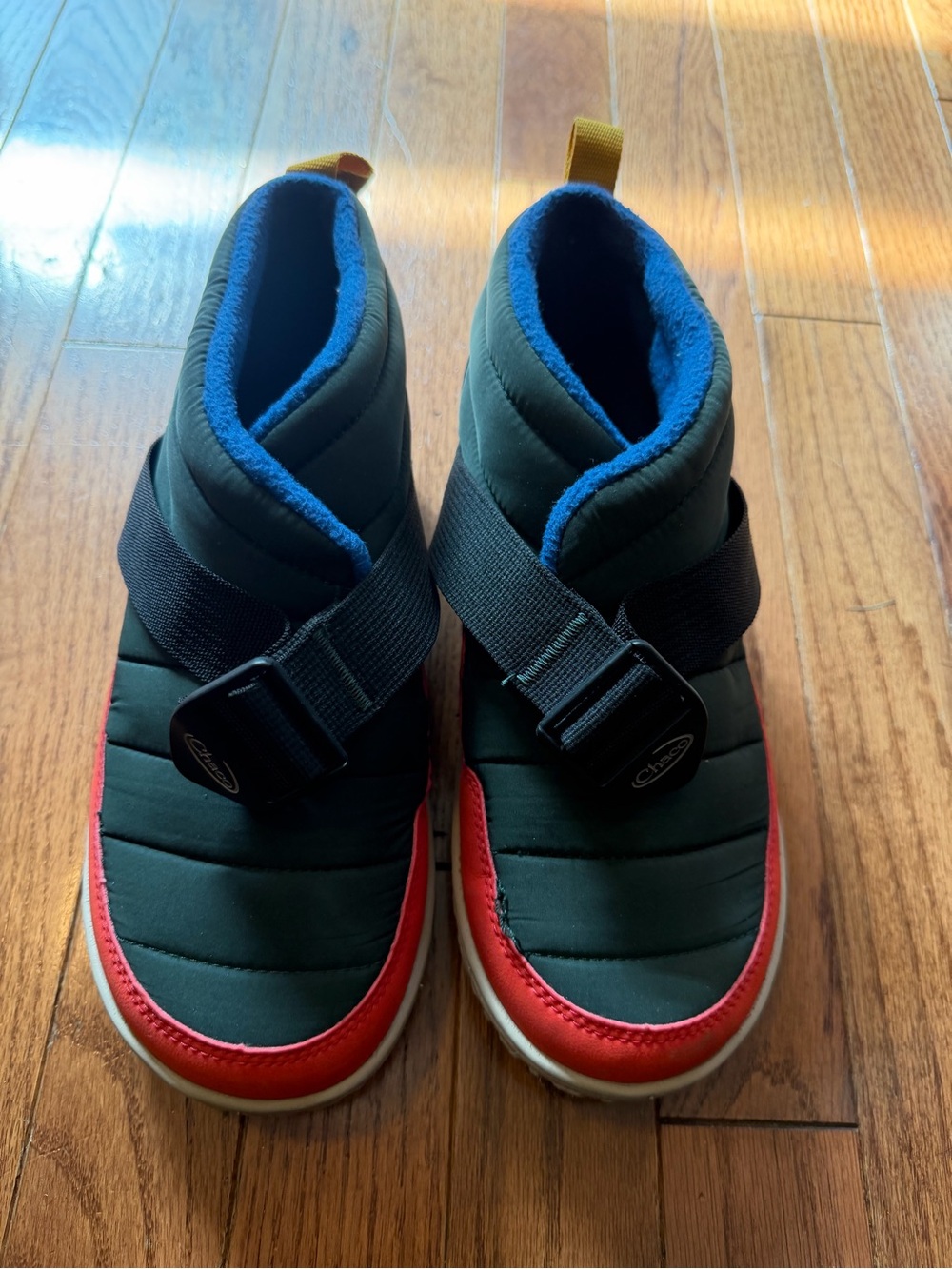 Chaco Women's Black Ankle Booties with Red Trim and Blue Lining